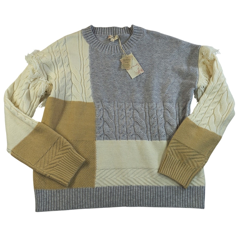 Hem & Thread NWT‎ Colorblock Patchwork Cable Knit Sweater Fringe Sleeve M